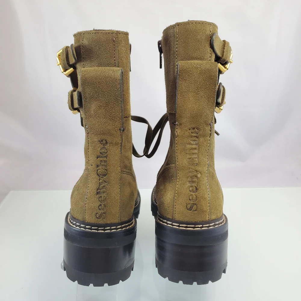 NWT$525 See by Chloe Mallory Leather Buckle Strap Ankle Combat Boots Sz 37.5 - Picture 9 of 12